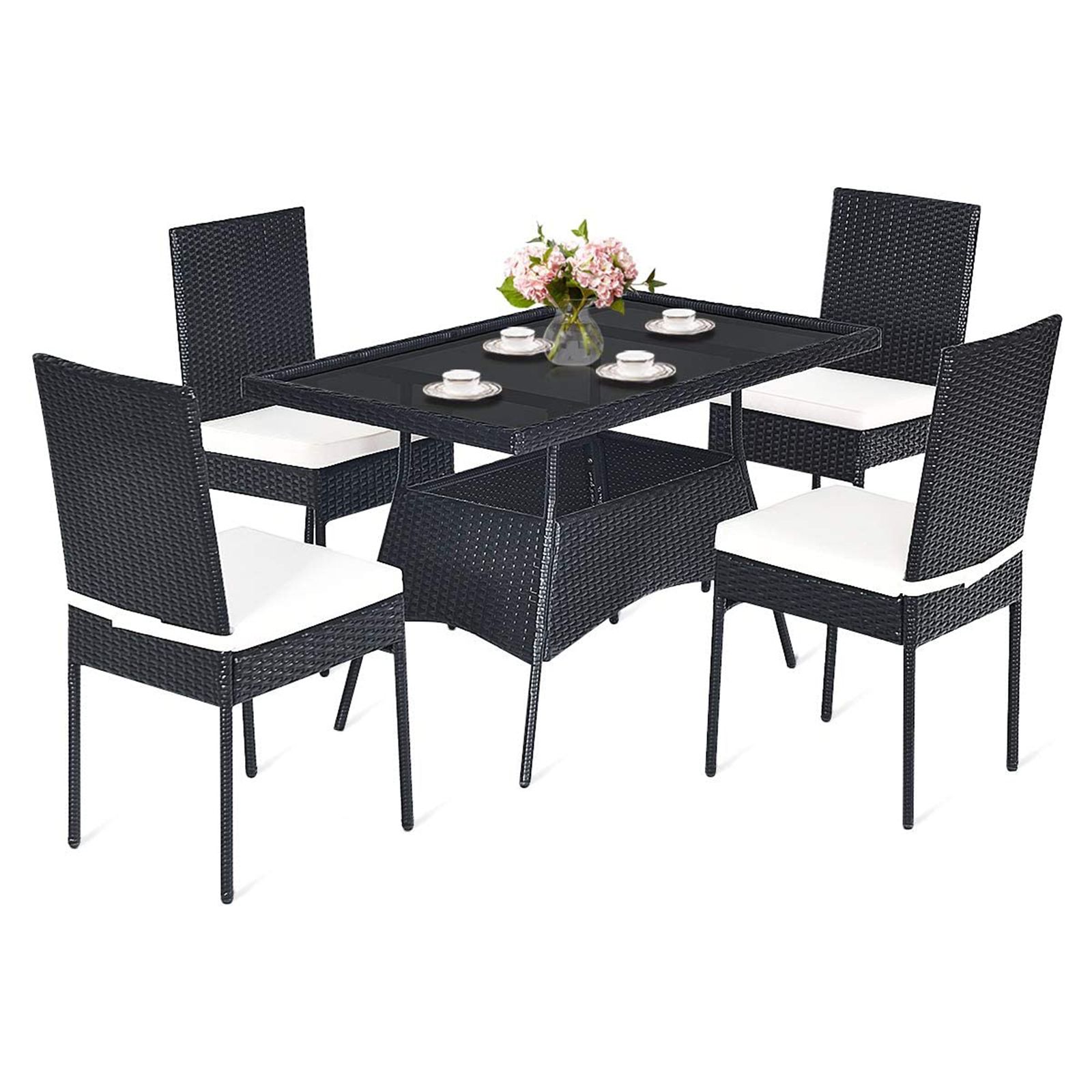 5-Piece Patio Rattan Dining Set with Tempered Glass Top and Removable Cushions